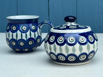 Handmade Polish Pottery Creamer & Sugar Set