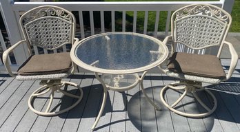 Cast Iron & Glass Top Patio Table With Matching Swivel Chairs (3)