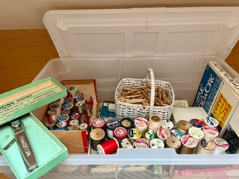Large Bin Of Assorted Sewing Supplies: Thread, Elastic, Embroidered Trim, Vintage Sewing Books & More