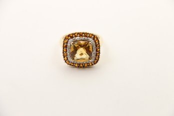 14k Yellow Gold Large Citrine Halo Diamond Ring Size 7