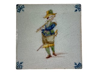 Delft Polychrome Tile Of Man Playing A Flute