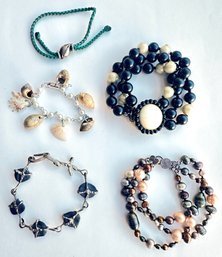 5 Vintage Bracelets, Some With Natural Stones Or Shells