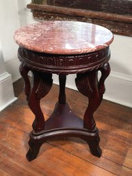 Very Nice Vintage Style Rouge Marble Top Stand - Very Nice Carved Mahogany Base - With Birds Overall Nice