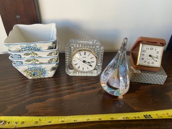 Mixed Lot: Two Clocks, Artisan Hand Blown Glass Paperweight, Four (4) Blue Floral Trinket Bowls