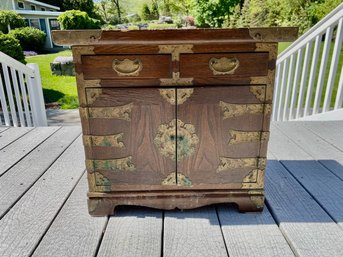 Vintage Korean Wood And Brass Side Cabinet