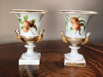 Incredible Pair Of Antique Hand Painted Porcelain Campana Style Urns - Fruit / Floral Motifs - Very Pretty !