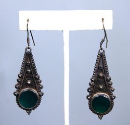 Pair Antique Sterling Silver Jadeite Stone Drop Pierced Earrings Ear Pendants
