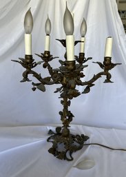 Rare Antique Bronze Candelabra Six-Light Lamp With Strawberry Motif