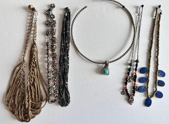 6 Necklaces: 1950s Multi-strand Chain, Turquoise Pendant On Choker, Lapis, Rhinestones & More