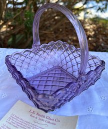 Vintage L.E. Smith Amethyst Art Glass Basket With Original Card 6.5' Height 6'squared