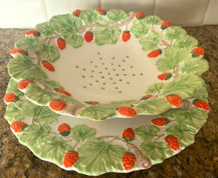 Italian Pottery Strawberry Colander And Plate By 'A Mottahedeh Design'