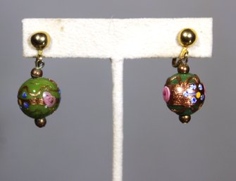 Pair Venetian Art Glass Bead Screw Back Drop Earrings In Green