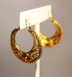 Vintage Gold Over Sterling Silver Filigree Hoop Pierced Earrings