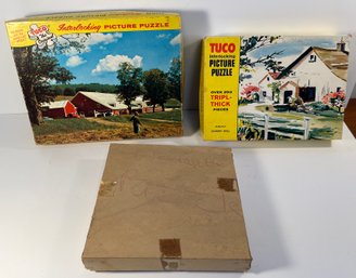 2 Vintage Tuco Picture Puzzles And One Miscellaneous Wooden Puzzle