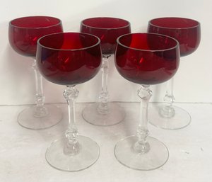 Lot Of 5 Cranberry Glass Cordial Glasses