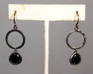 Pair Fine Hand Wrought Sterling Silver Pierced Earrings Having Black Onyx