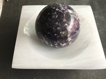 Selenite Crystal Bowl With Lepidolite Sphere, Total 4 LB, Sphere 1 LB 8 Oz, Crystal Bowl 2 LB 8 Oz