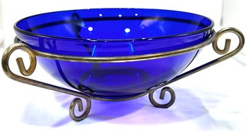 Vintage Cobalt Blue Centerpiece Bowl With Silver Tone Stand