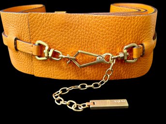 Prada Orange Wide Leather Belt With Gold Tone Hardware