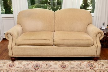 1 0f 2 Taylor King Taupe  Chenille Oversized Rounded Tightback Rolled Arm Loveseat