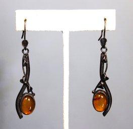 Fine Vintage Arts & Crafts Hand Crafted Sterling Silver Pierced Earrings Having Amber Stones