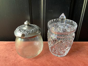 Sterling Covered Jam Jar And A Crystal Condiment Jar