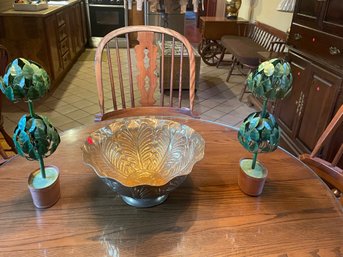 DECORATIVE BRASS CENTERBOWL WITH TWO DECORATIVE METAL TREE DECORATIONS