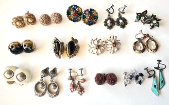 15 Pairs Vintage Earrings Including Some Sterling Silver & 1 Cameo