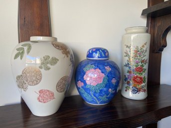 Vintage Oriental China Lot Of Three (3): Lenox Vase, Blue/Pink Peony Ginger Jar, Japanese Tall Vase