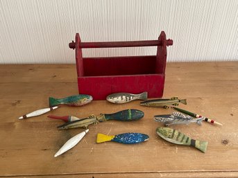 Vintage Toolbox Of  8 Carved Wooden Painted Fish