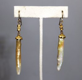 Fine Early 14K Gold Antique Pierced Drop Earrings Having Large Baroque Pearls