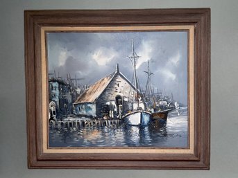 Early 1900s Frederic Jacques Sang Dock Scene Original Oil On Canvas Painting