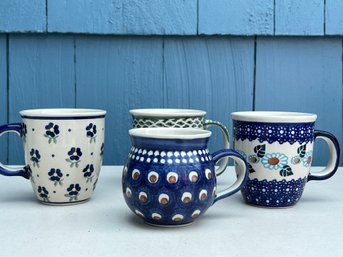 Four Non-Matching Handmade Polish Pottery Mugs