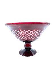 Handblown Ruby Red Cut To Clear Pedestal Bowl - Diamond Etch Design