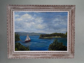 Vintage AM Barrett Sailboat Scene Original Oil Painting