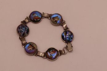 Vintage Butterfly Wing Silver Tone Bracelet With Flamingos, Palm Trees And Boats