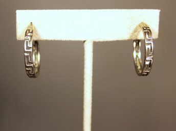 Contemporary Sterling Silver Greek Key Pattern Pierced Hoop Earrings