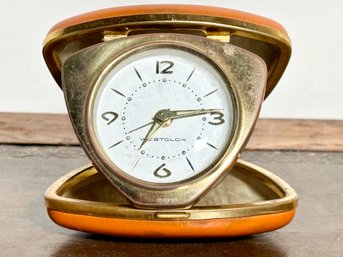Antique Vintage Westclox Wind Up Desk Clock In Leather Case