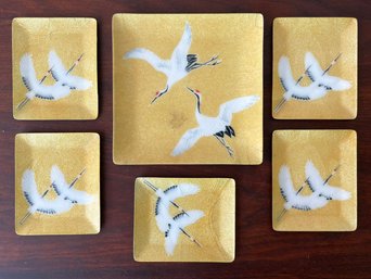 Set Of 6 Beautiful Mid Century Tutanka Cloisonne White Crane Metal Plates