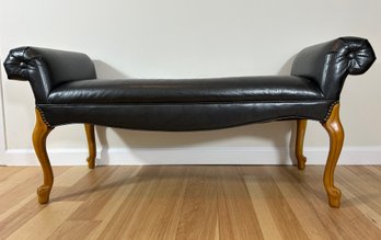 Vinyl Upholstered Rolled Arm Bench With Carved Legs