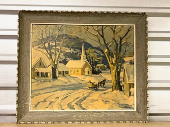 Vintage Framed Ted Kautzky Winter In New England Print