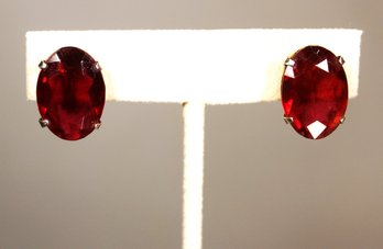 Pair Vintage Screw Back Ruby Colored Glass Stone Earrings