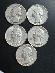 5 Washington Silver Quarters 1944, 1964 (2), 1964-D (2)