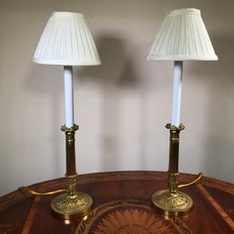 Very Nice Pair Of Vintage Gilt Solid Brass Candle Stick Lamps With Pleated White Shades - Measures 21' Tall