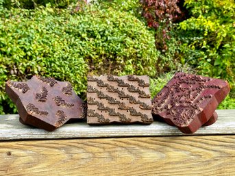 Trio Of Vintage Indian Handcarved Wooden Batik Stamp Blocks