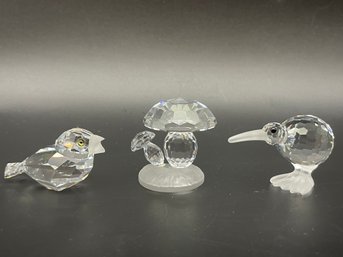 Swarovski Crystal Art- Trio Of Silver Crystal Figurines  .Kiwi , Mushroom And A Bird