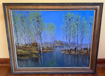 Beautiful Blue And Greens In This Scenic Lakeside Landscape, Signed Lebedeff