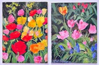 2 Joan Menschenfreund Oil Paintings On Canvas, Flowers, Unframed (See Artist's Bio)