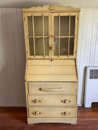 Painted Art Deco Secretary Desk With Drawers And Display Cabinet.