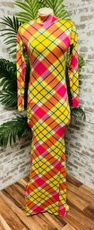 Custom Made Yellow & Pink Tartan Style Full Length Long Sleeve Gown